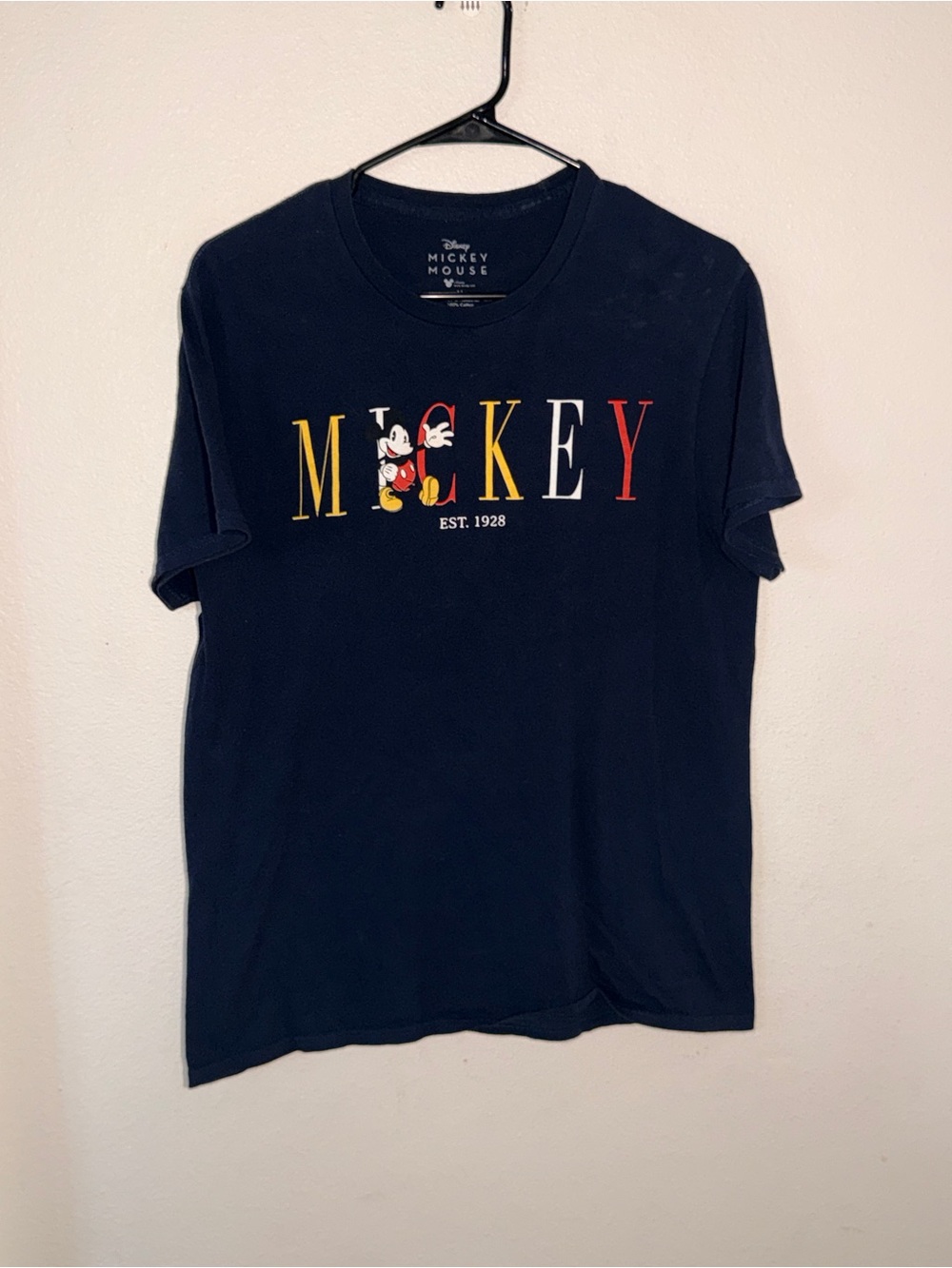 Disney Mickey Mouse Navy Graphic Tee with Multicolor Lettering - Men's